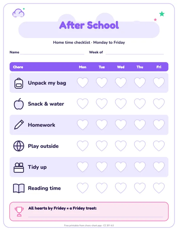 After-school routine chart (Mon-Fri)