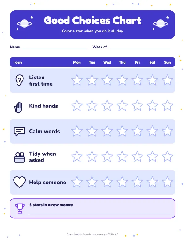 Behavior star chart, ages 5-7