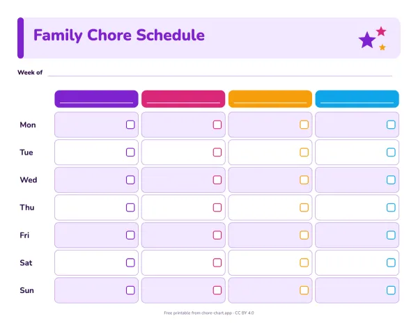 Blank family chore schedule (fillable PDF)