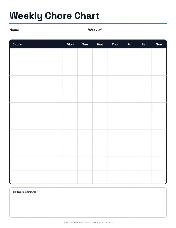 Blank weekly chore chart (fillable PDF)