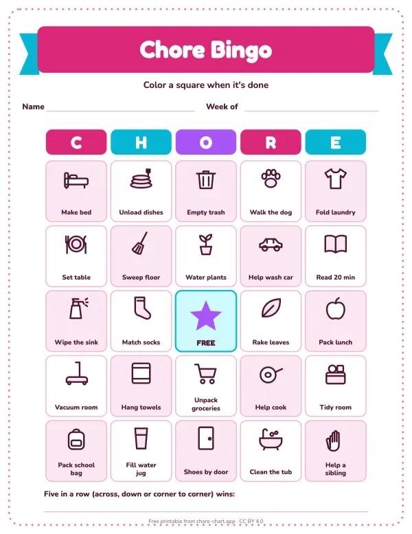 Chore bingo card, ages 8-10