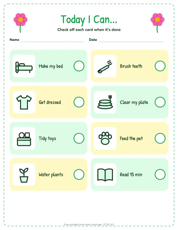 Daily chore checklist for ages 5-7