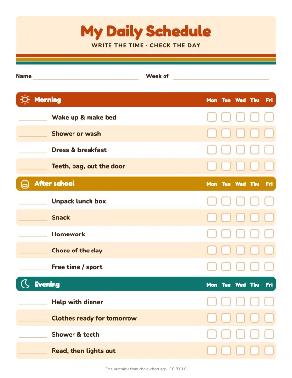 Daily routine schedule for ages 8-10
