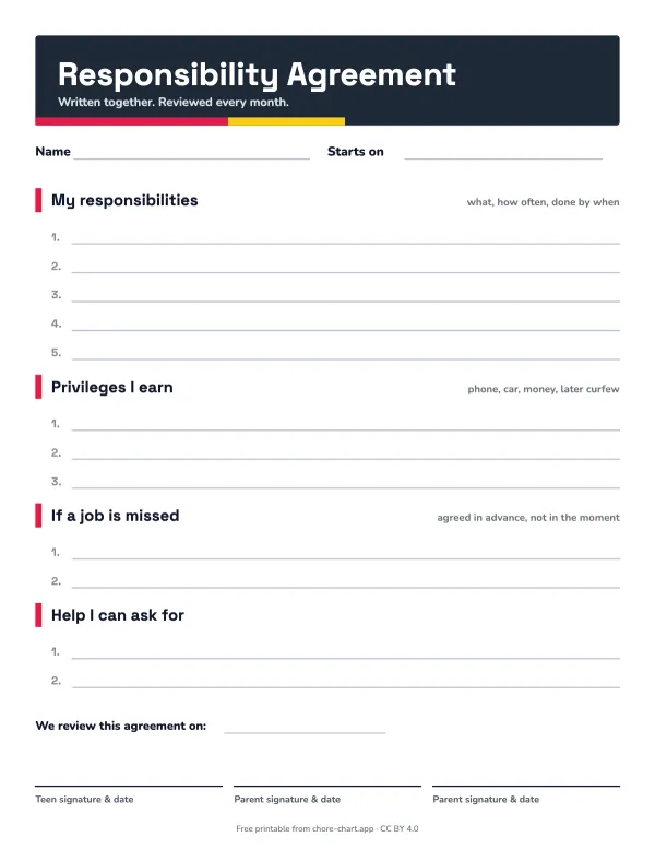 Teen chore agreement (contract)