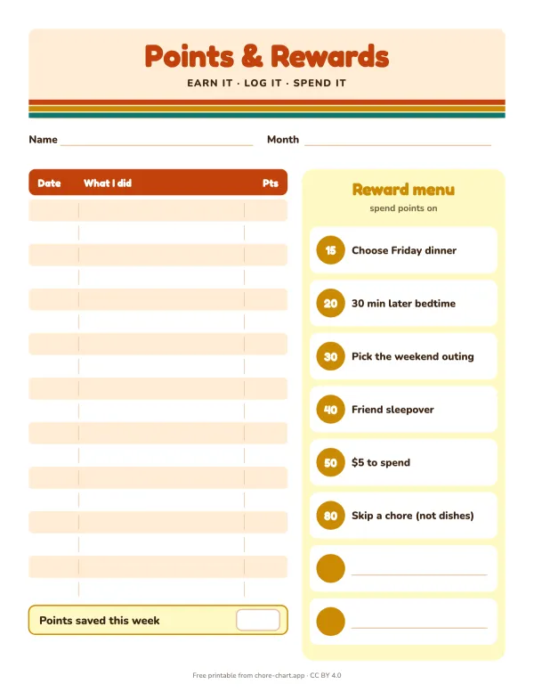 Tween points log and reward menu