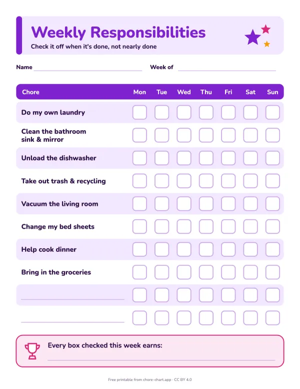 Weekly chore chart for tweens (11-13)