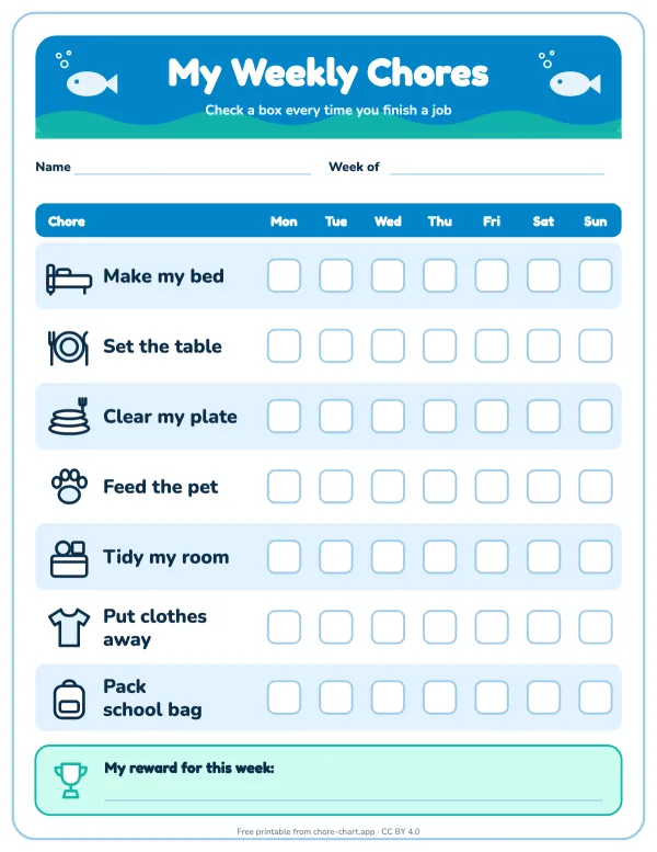 Weekly chore chart for ages 5-7