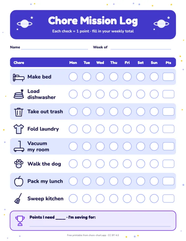 Weekly chore chart with points, ages 8-10